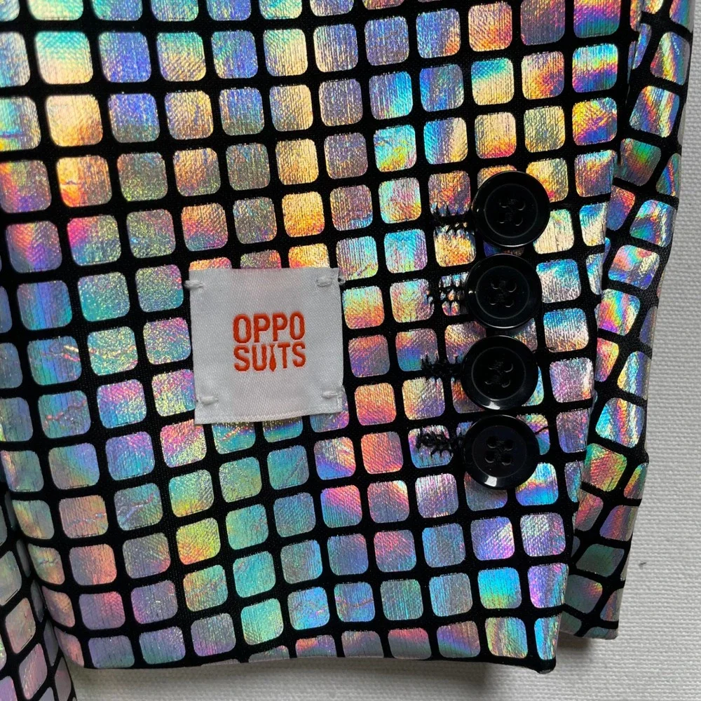 OppoSuits Disco Silver Holographic 3-Piece Suit Blazer Size 36 Pants 32x32 Tie